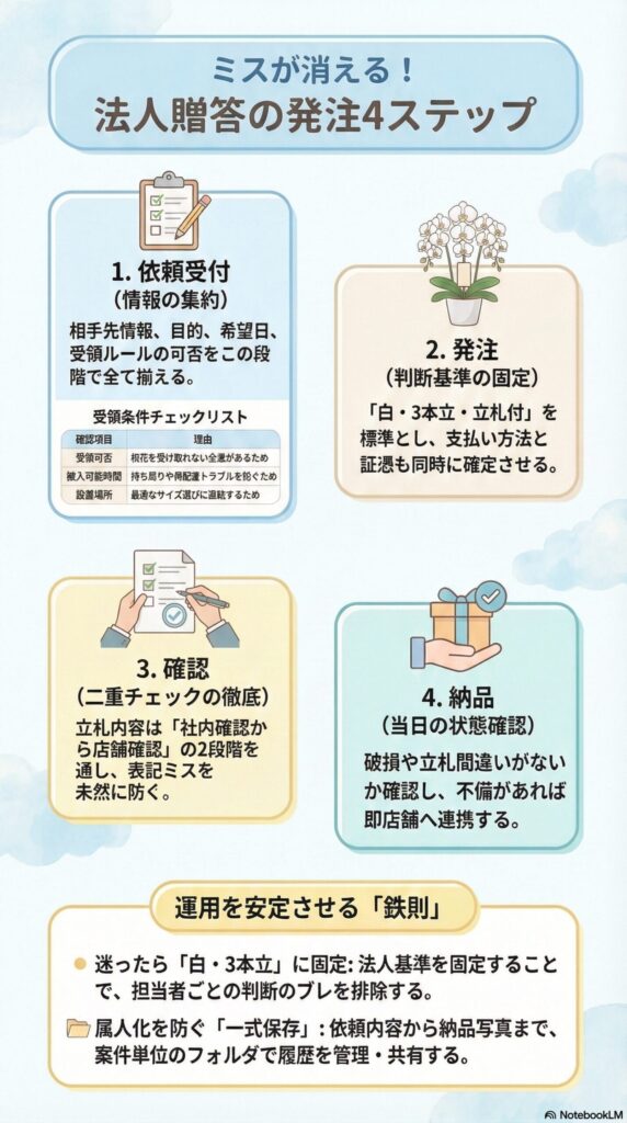 法人胡蝶蘭の発注手順4ステップ完全ガイド、依頼受付から納品確認までの流れとミス防止ポイント