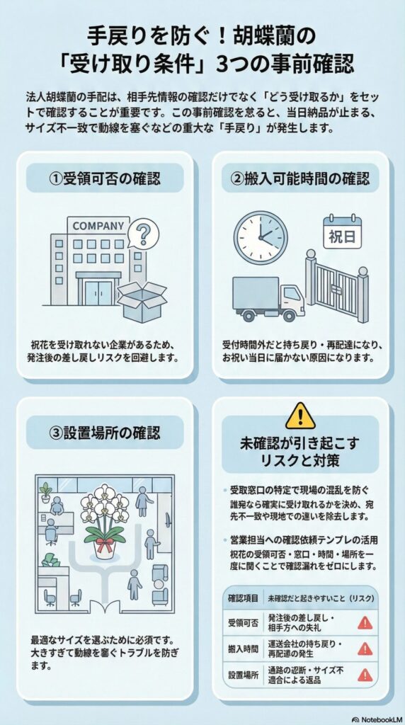 胡蝶蘭の受け取り条件チェックリスト、受領可否・搬入時間・設置場所の事前確認で手戻りを防ぐ方法
