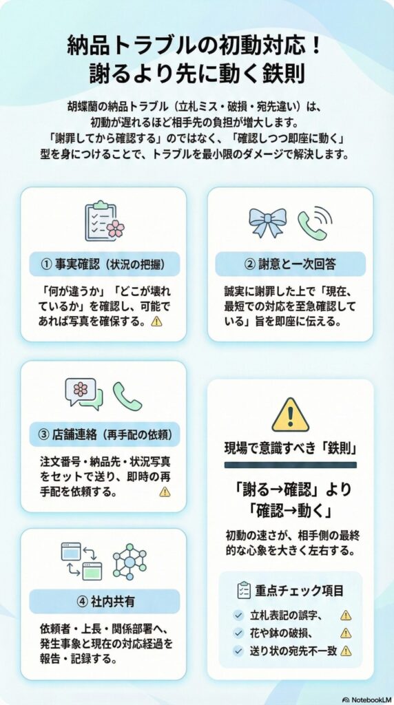 胡蝶蘭の納品トラブル初動対応マニュアル、立札ミスや破損時の確認・謝罪・再手配の手順ガイド