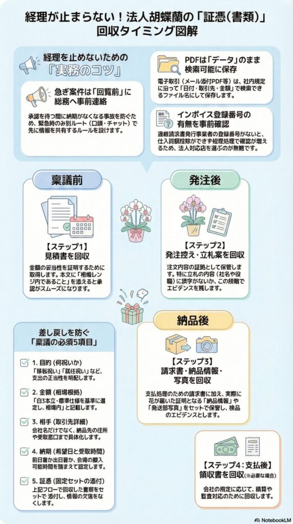 法人胡蝶蘭の証憑書類と請求書回収タイミング、見積・納品・領収書の管理フローと経理対応ガイド