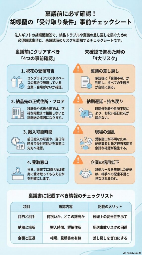 胡蝶蘭の受け取り条件チェックシート、受領可否・搬入時間・納品先住所の事前確認と差し戻し防止ガイド