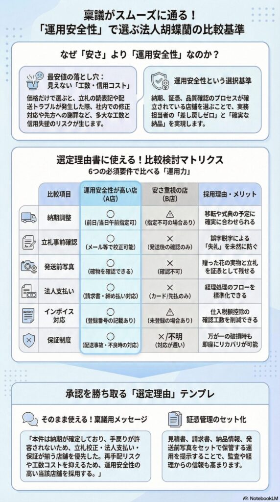 法人胡蝶蘭の選び方比較表、価格より運用安全性で選ぶ基準と納期・立札確認・保証のチェックポイント