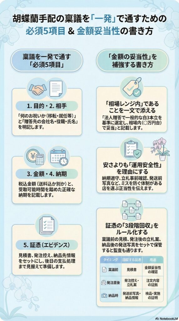 胡蝶蘭の法人贈答で稟議を通すための必須5項目と金額妥当性の書き方、証憑管理のポイント解説