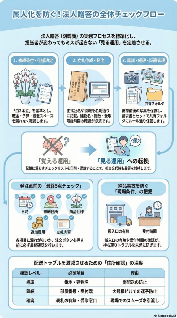 法人胡蝶蘭の発注から納品までの全体チェックフローとミス防止の確認項目、属人化を防ぐ運用手順の図解