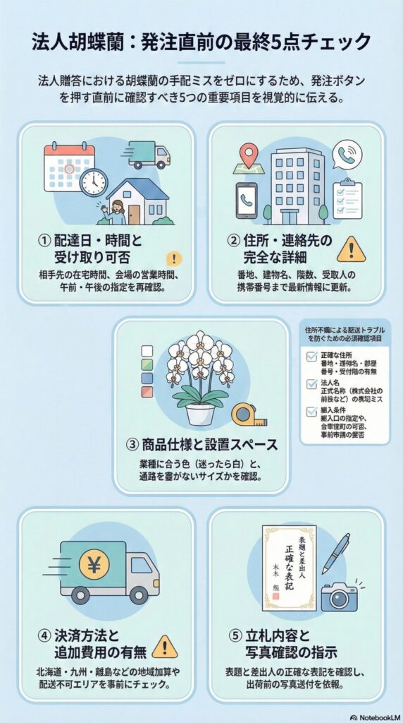 法人胡蝶蘭の発注直前に確認すべき最終5点チェック項目（納品日時・住所・仕様・費用・立札）の図解ガイド
