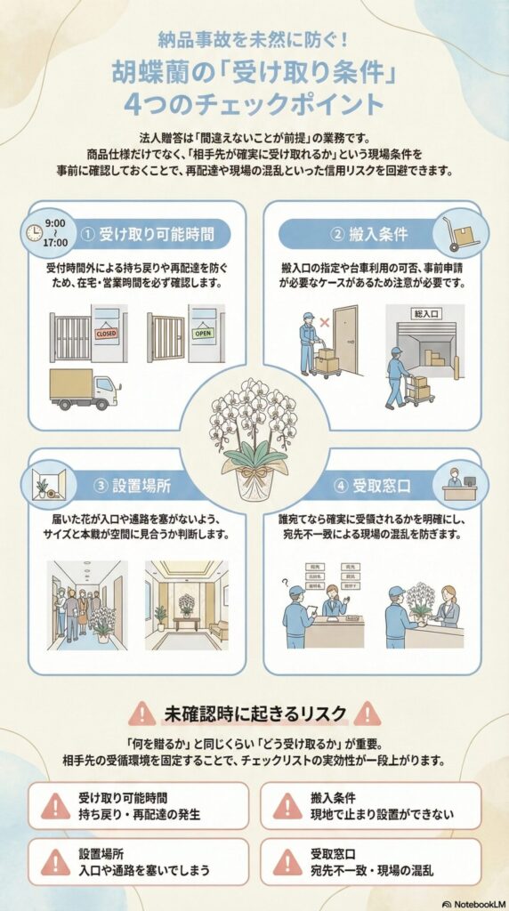胡蝶蘭の受け取り条件4つのチェックポイント（受取時間・搬入条件・設置場所・受取窓口）と納品トラブル防止ガイド