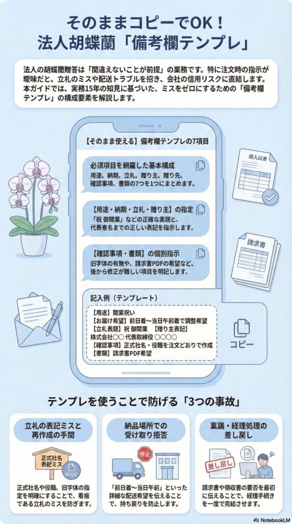 法人胡蝶蘭の注文ミスを防ぐ備考欄テンプレートと記入例、立札表記や納品トラブル回避の指示項目解説