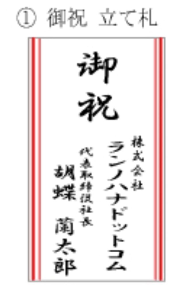 開店祝いの胡蝶蘭に添える前立て木札の見本「御祝」｜法人贈答向け立て札レイアウト例