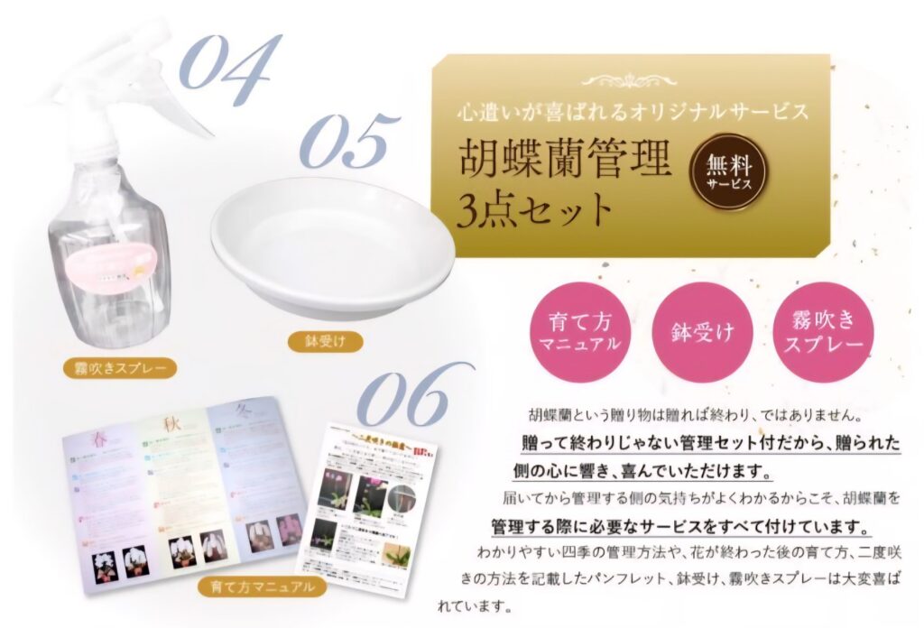 胡蝶蘭管理3点セットの紹介バナーと霧吹きスプレー・鉢受け・育て方マニュアル、贈答後も安心して育てられる無料管理サービスのビジュアル