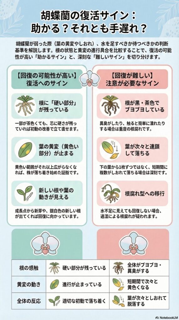 胡蝶蘭の復活サイン診断｜根の硬さ・黄変の進行・新芽の動きから「助かる兆候」と「回復が難しい危険サイン」を見分ける判断ガイドインフォグラフィック
