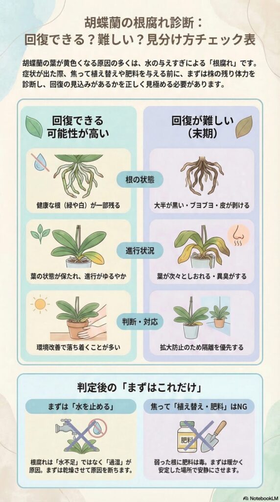 胡蝶蘭の根腐れが回復できるか見分ける診断チェック表(健康な根の残り具合・葉の状態・進行状況から回復可能か難しいかを判断するインフォグラフィック)