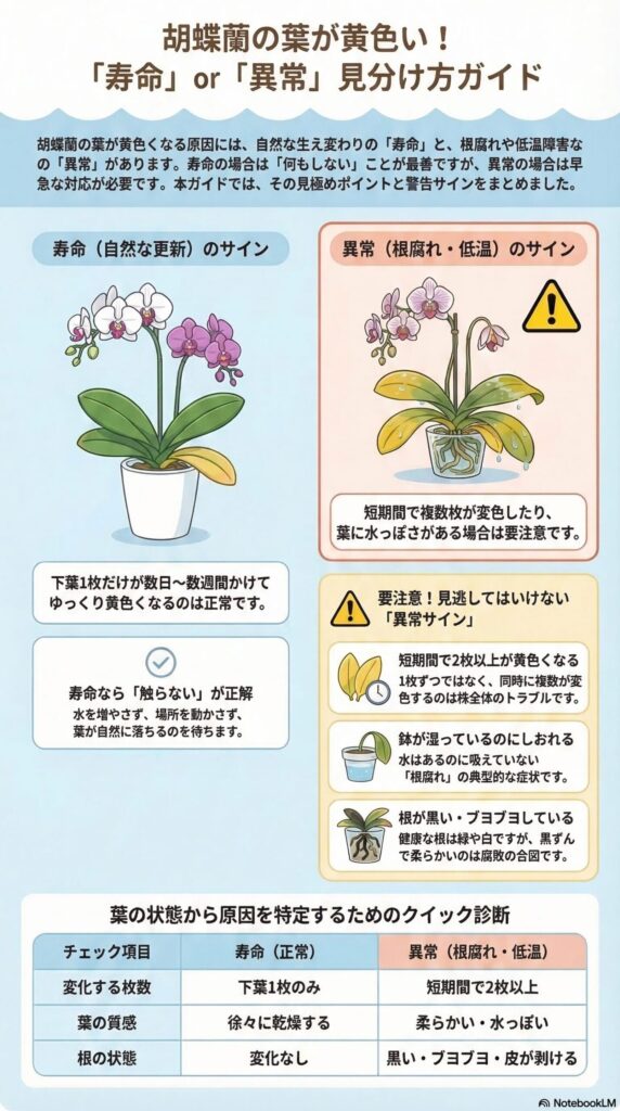 胡蝶蘭の葉が黄色くなる原因が寿命か異常かを見分けるガイド(下葉1枚の自然黄変と根腐れ・低温による異常サインの違いを解説したインフォグラフィック)