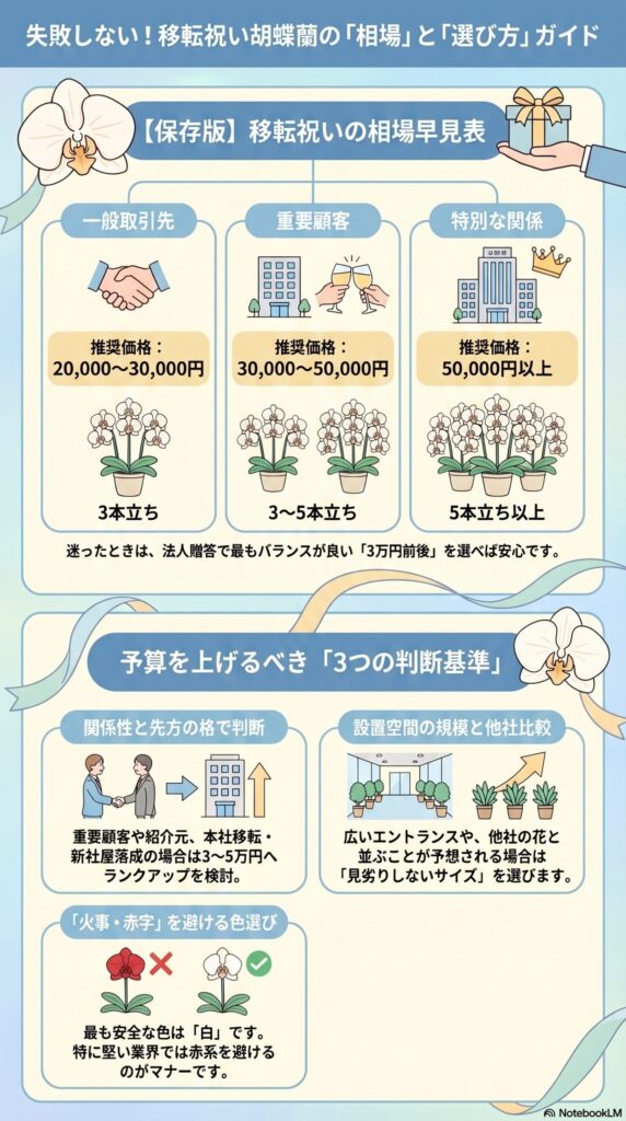 移転祝い胡蝶蘭の相場と選び方（2万円〜5万円以上の価格目安と本数別基準・予算アップ判断ポイント）