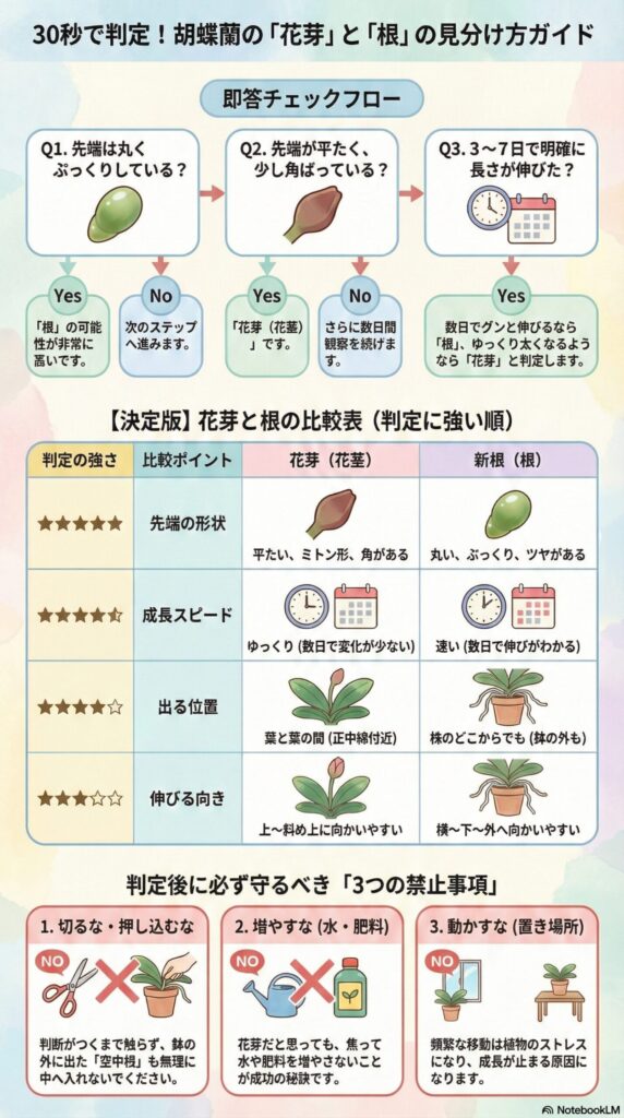 胡蝶蘭の花芽と新根の見分け方ガイド｜先端の形状・成長スピード・出る位置・伸びる向きの比較表と3つの禁止事項を解説したインフォグラフィック