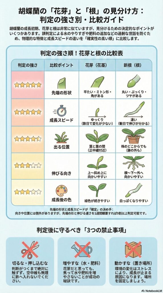 胡蝶蘭の花芽と新根の見分け方比較ガイド｜先端の形状・成長スピード・出る位置・伸びる向き・成長後の色を判定の強さ順に解説し、切らない・増やさない・動かさないの3つの禁止事項をまとめたインフォグラフィック
