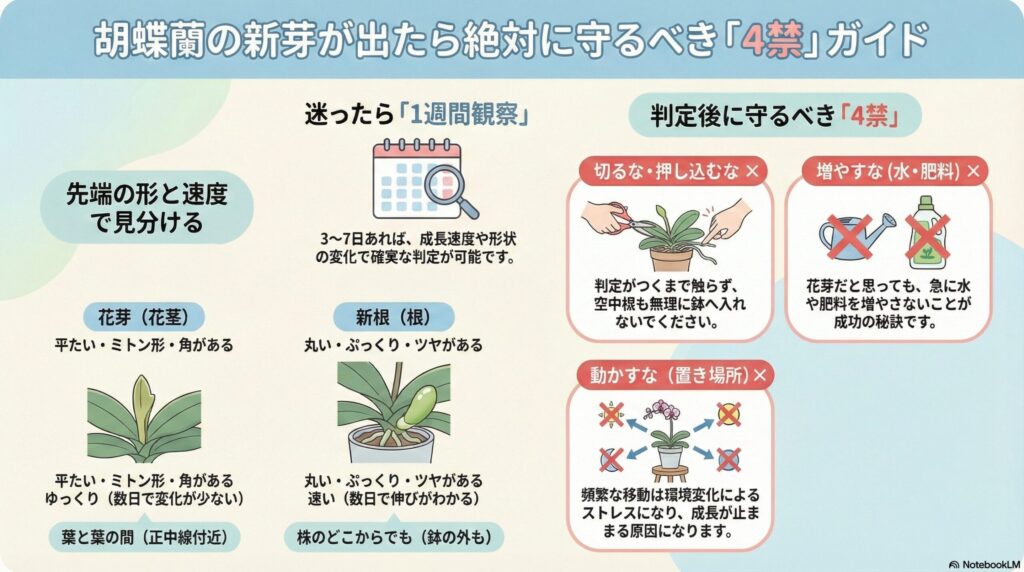 胡蝶蘭の新芽が出たら守るべき4禁ガイド｜花芽と新根の見分け方（先端の形・成長速度・出る位置）と1週間観察のポイント、切らない・増やさない・動かさないの注意事項を解説したインフォグラフィック