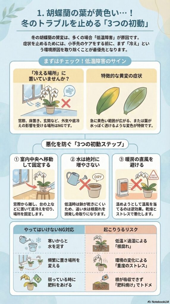 冬に胡蝶蘭の葉が黄色くなる原因と初動対策|低温障害のサイン確認と、室内中央へ移動・水を増やさない・暖房直風を避ける3つの緊急対応を解説したインフォグラフィック