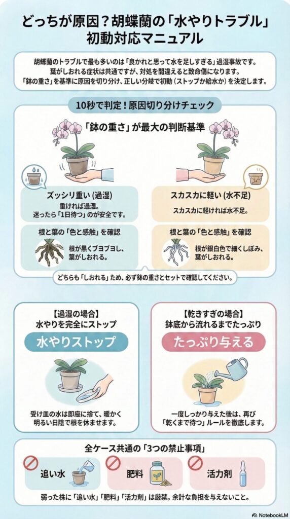胡蝶蘭の水やりトラブル対処法｜鉢の重さで見分ける「過湿」と「水不足」の10秒診断と、過湿は水やり停止・乾燥はたっぷり給水の正しい初動対応を解説したインフォグラフィック