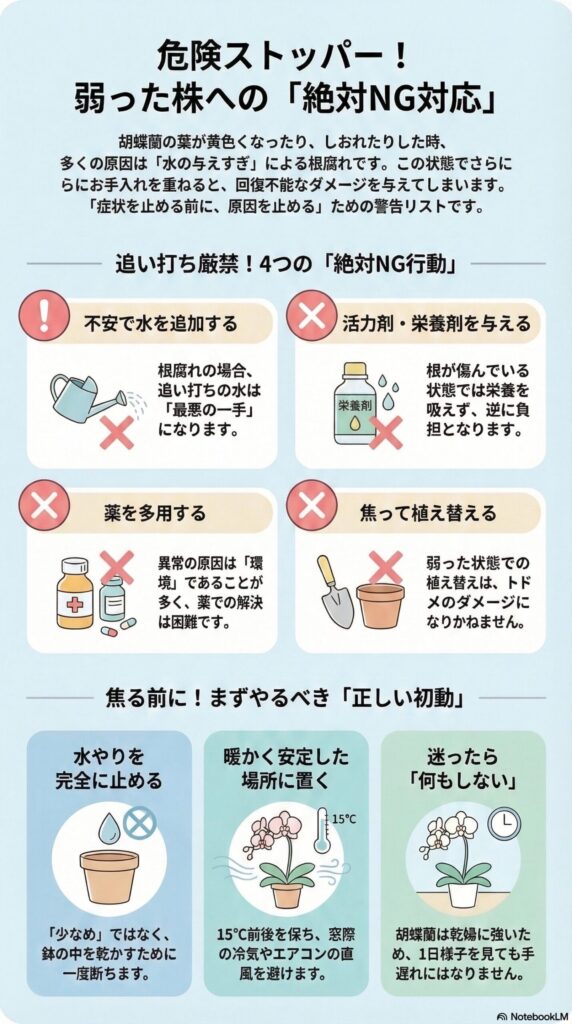 弱った胡蝶蘭に絶対やってはいけないNG対応(水の追加・活力剤や肥料・薬の多用・焦って植え替え)と正しい初動(水やり停止・暖かい場所に置く)を解説したインフォグラフィック
