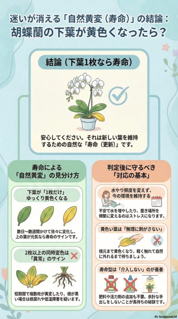 胡蝶蘭の下葉が黄色くなる原因が自然な寿命か異常かを見分けるチェック表(下葉1枚だけの黄変は寿命、複数枚の黄変は異常の可能性)を解説したインフォグラフィック