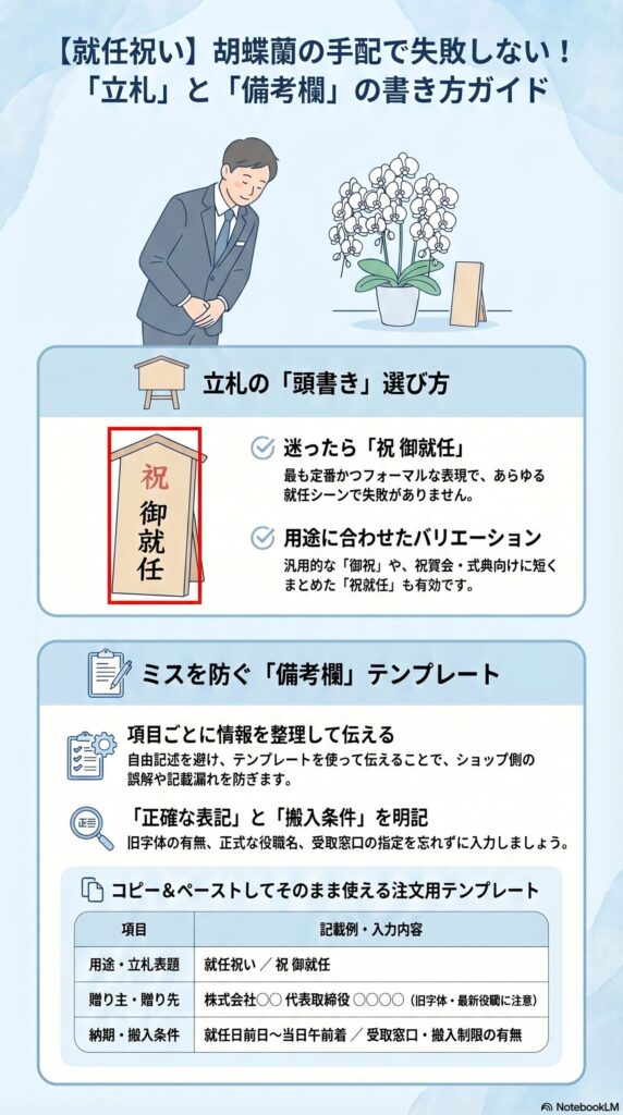 就任祝い胡蝶蘭の立札の書き方と備考欄テンプレート（祝御就任の表記例と注文時の記載ポイント）