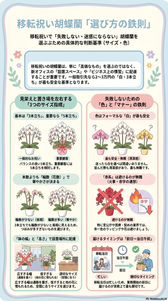 移転祝い胡蝶蘭の選び方とマナー（3本立ち・5本立ちのサイズ基準と白が安全な理由・赤色を避ける注意点）