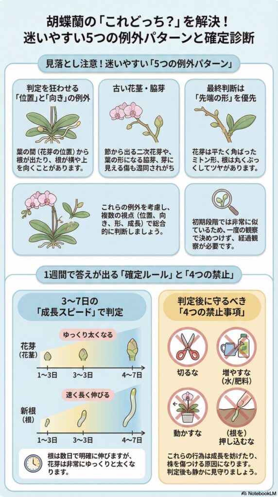 胡蝶蘭の花芽と新根の見分け方ガイド｜迷いやすい5つの例外パターンと確定診断、3〜7日の成長スピード比較、判定後に守る4つの禁止事項（切らない・増やさない・動かさない・押し込まない）を解説したインフォグラフィック