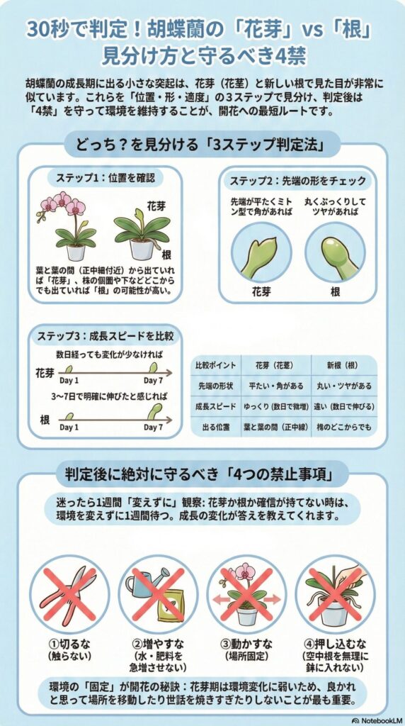 胡蝶蘭の花芽と新根の見分け方ガイド｜30秒で判定する3ステップ（位置・先端の形・成長スピード）と比較表、判定後に守る4つの禁止事項（切らない・増やさない・動かさない・押し込まない）を解説したインフォグラフィック