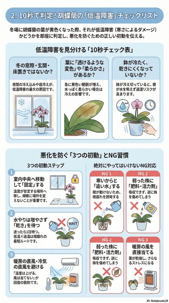 冬の胡蝶蘭の低温障害チェックリスト|葉の水浸状の黄変・窓際配置・冷えた鉢で判断する10秒診断と、室内中央へ移動・水やり停止など悪化を防ぐ初動対策を解説したインフォグラフィック