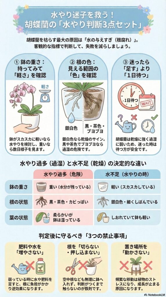胡蝶蘭の水やり判断ガイド｜鉢の重さ・根の色・迷ったら1日待つの3ポイントで「水やり過多」と「水不足」を見分ける初心者向けチェックインフォグラフィック
