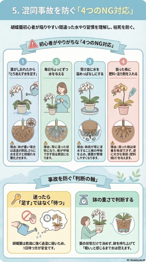 胡蝶蘭の水やり初心者がやりがちなNG行動4つ｜葉がしおれた時の誤った水やり・毎日給水・受け皿放置・弱った株への肥料を防ぐ管理チェックガイド