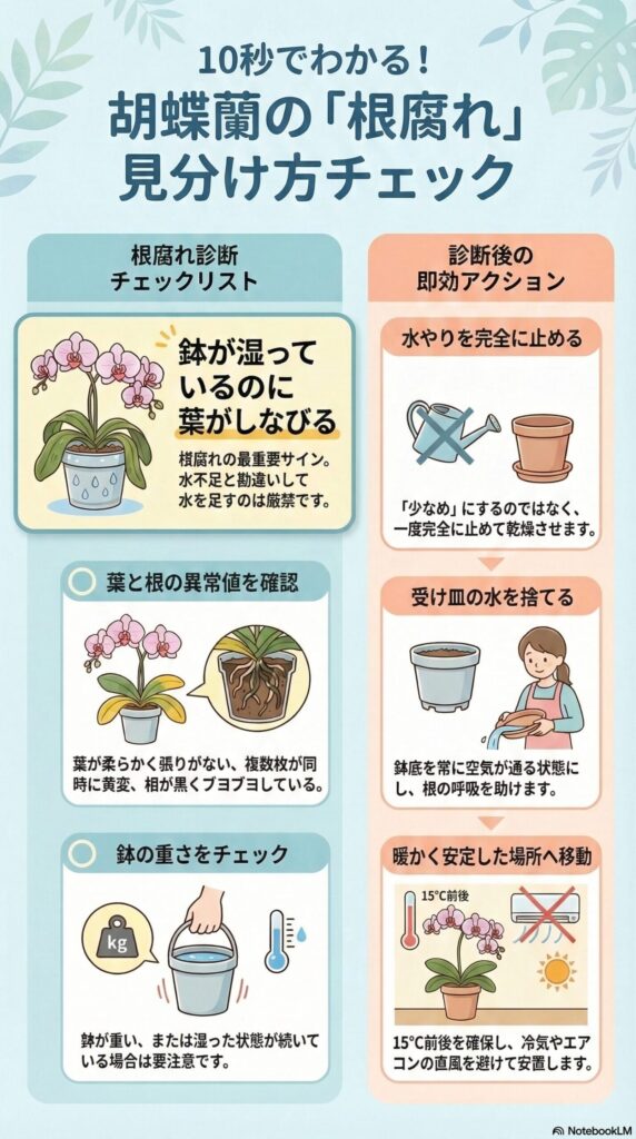 胡蝶蘭の根腐れを見分けるチェック方法と対処法(水やり停止・受け皿の水を捨てる・15℃前後の安定した場所へ移動など)を解説したインフォグラフィック
