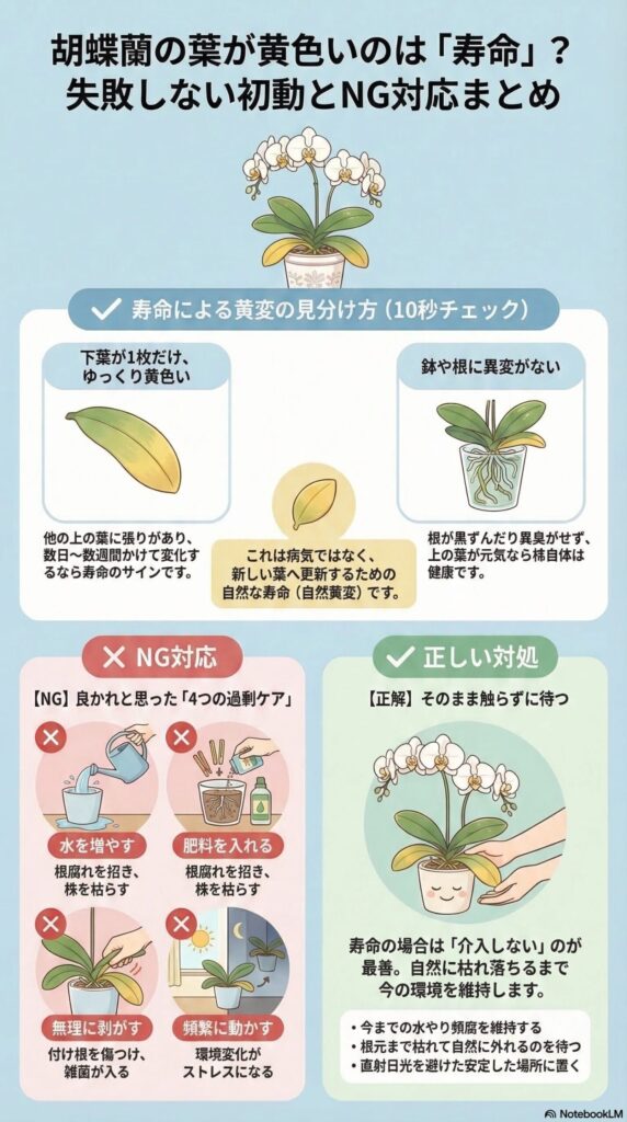 胡蝶蘭の葉が黄色くなる原因が寿命か異常かを見分ける10秒チェックとNG対応・正しい対処法(水の増やしすぎ・肥料・無理に葉を取る行為など)を解説したインフォグラフィック