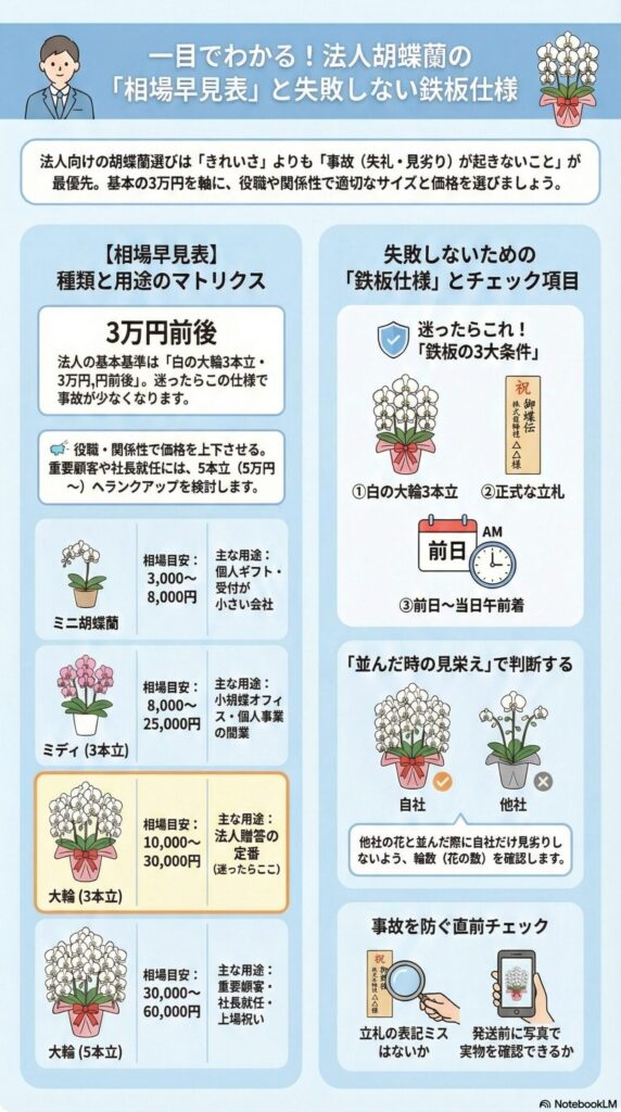 法人胡蝶蘭の相場早見表と失敗しない選び方（3万円目安・3本立て基準・用途別サイズ比較）