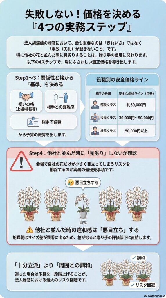 法人胡蝶蘭の価格の決め方4ステップと相場目安（3万円・5万円基準）と見劣りしない選び方