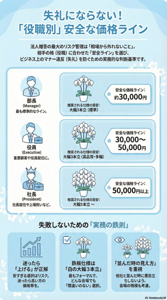 法人胡蝶蘭の役職別価格相場（部長3万円・役員3万〜5万円・社長5万円以上）と失礼にならない選び方