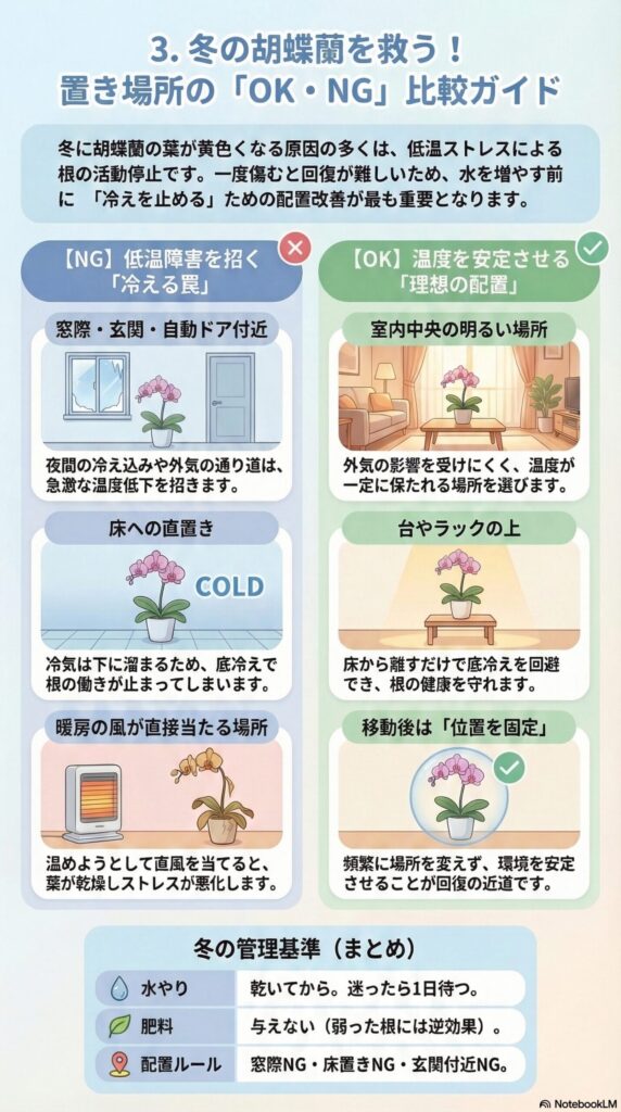 冬の胡蝶蘭の置き場所ガイド|葉の黄変を防ぐためのOK・NG配置比較(窓際・玄関・床置き・暖房直風はNG/室内中央の明るい台の上で位置固定が理想)を解説したインフォグラフィック