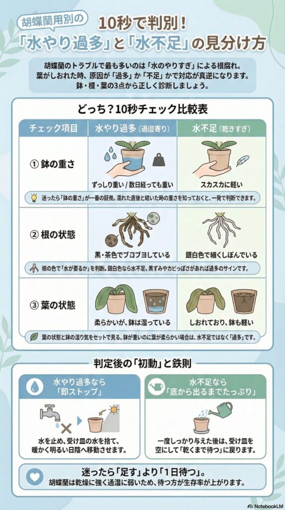 胡蝶蘭の水やり診断ガイド｜水やり過多と水不足を10秒で見分けるチェック方法（鉢の重さ・根の色・葉の状態）と正しい初動対応を解説したインフォグラフィック