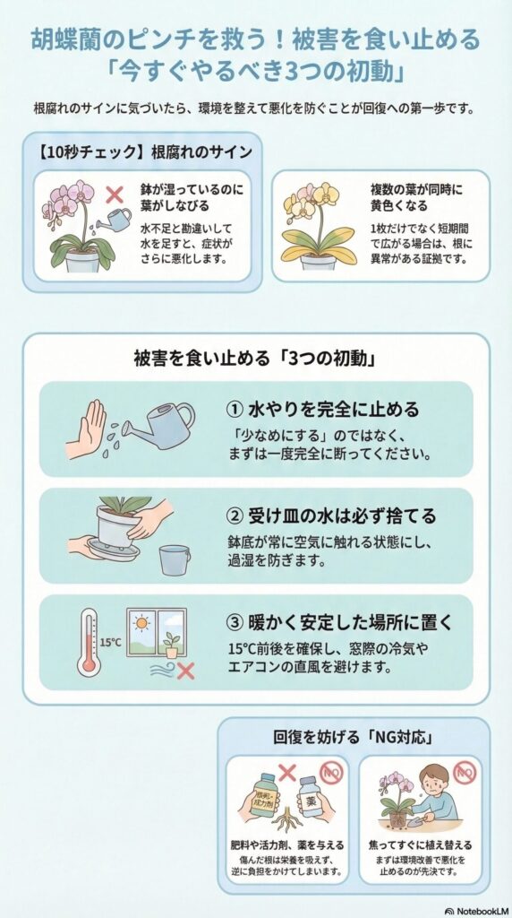 胡蝶蘭の根腐れサインと被害を止める初動対策(水やり停止・受け皿の水を捨てる・15℃前後の安定した場所に置く)を解説したインフォグラフィック