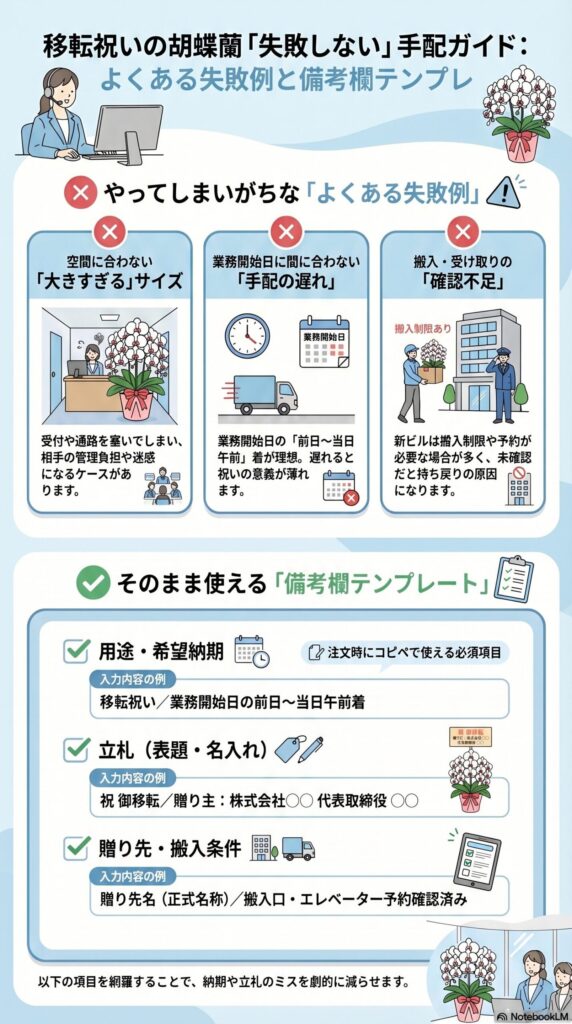 移転祝い胡蝶蘭の失敗例と備考欄テンプレート（サイズ過大・納期遅れ・搬入確認不足の対策と注文記入例）