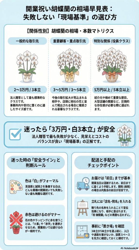 開業祝いの胡蝶蘭の相場と本数目安（3万円3本立ち・5万円5本立ち）と失敗しない選び方