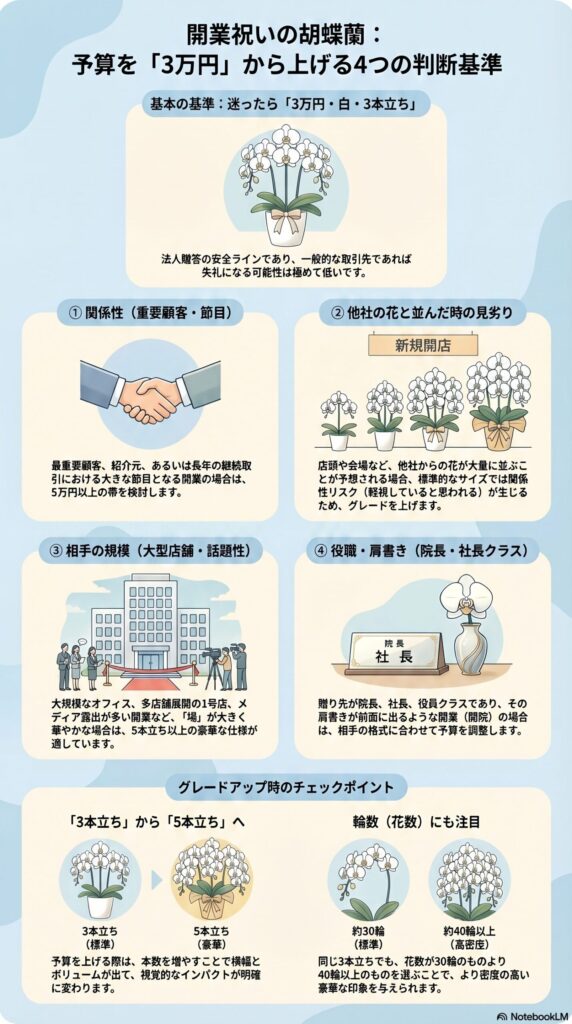 開業祝いの胡蝶蘭で3万円から予算を上げる判断基準（関係性・役職・規模・見栄え）と5本立ちの選び方