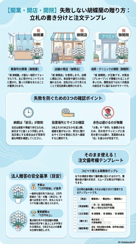 開業祝い・開店祝い・開院祝いの胡蝶蘭の立札の書き方（御開業・御開店・御開院）と注文テンプレート