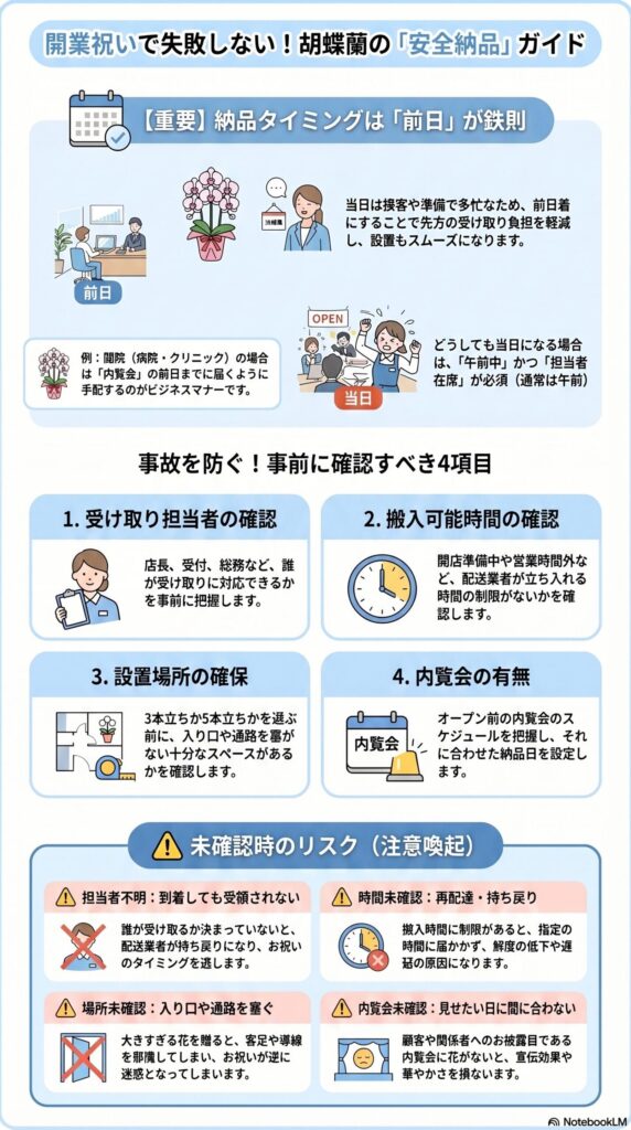 開業祝い胡蝶蘭の納品タイミングと事前確認4項目（受け取り担当・搬入時間・設置場所・内覧会）