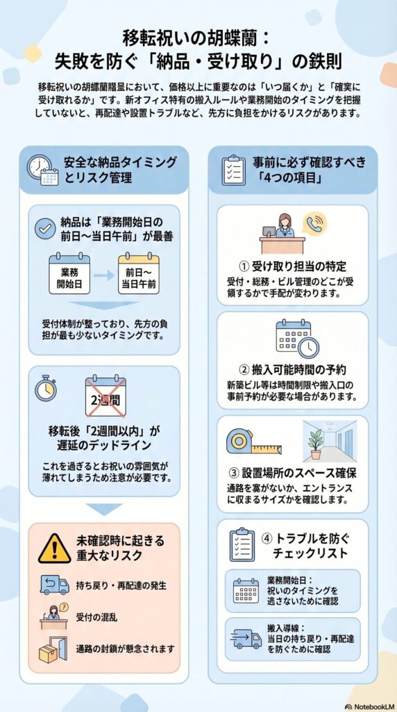 移転祝い胡蝶蘭の納品タイミングと受け取り条件（前日〜当日午前の最適配送と搬入時間・設置場所の確認ポイント）