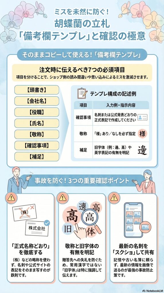 胡蝶蘭の立札注文ミスを防ぐ備考欄テンプレートと確認ポイント（会社名・役職・氏名・敬称・旧字体の注意点を解説したインフォグラフィック）