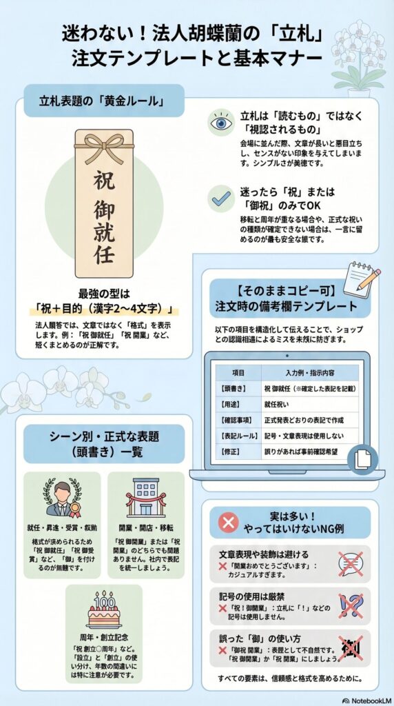 法人向け胡蝶蘭の立札注文テンプレートと基本マナー、表題の黄金ルールやシーン別例、NG例を解説したインフォグラフィック