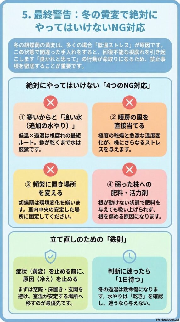 冬の胡蝶蘭トラブル対策|低温による葉の黄変時に絶対やってはいけない4つのNG行動(追い水・暖房直風・頻繁な移動・肥料投入)と正しい立て直し管理を解説したインフォグラフィック
