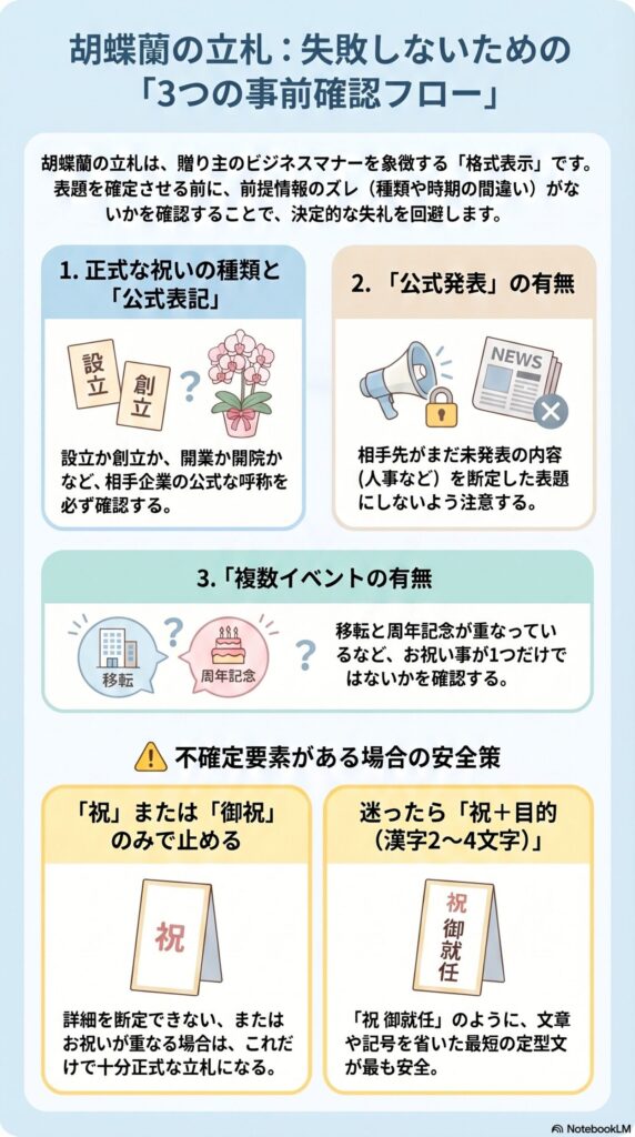 胡蝶蘭の立札で失敗しないための3つの事前確認フロー（祝種別・公式表記・イベント重複の確認と安全な表題ルールを解説したインフォグラフィック）