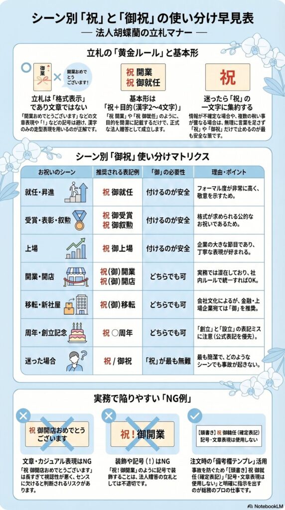 法人胡蝶蘭の立札で「祝」と「御祝」の使い分けを解説した早見表（シーン別マトリクスと基本ルール・NG例付きインフォグラフィック）